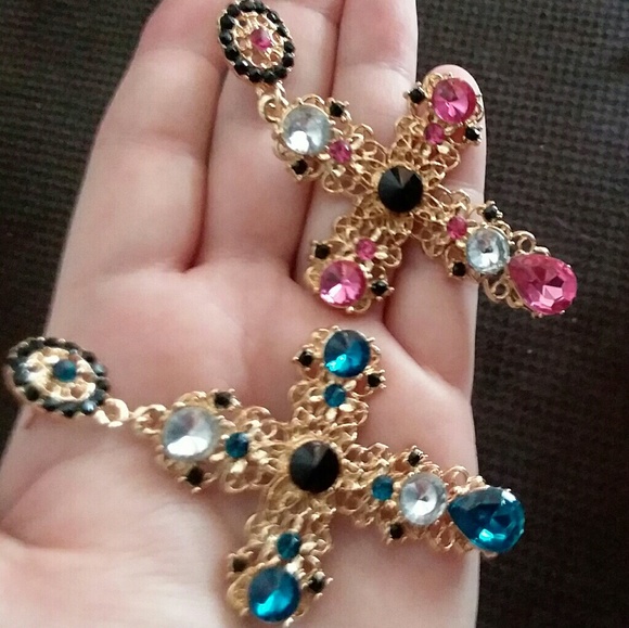 Gold w/crystals super pretty earrings Teal & black - Picture 3 of 7